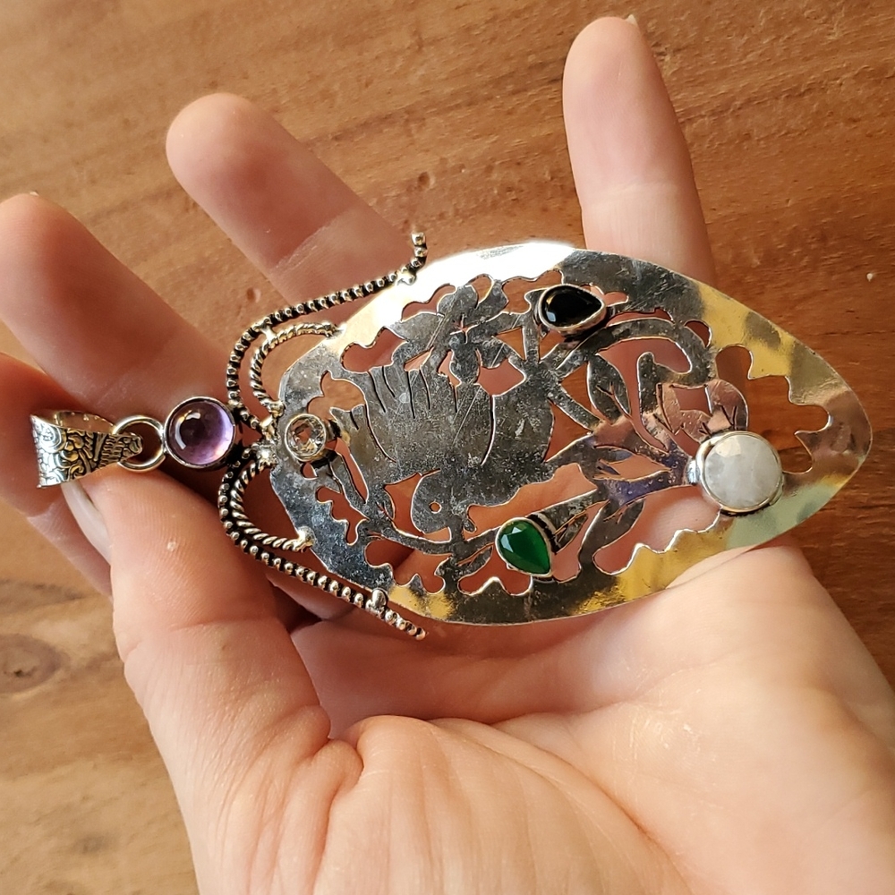 New Oversized Multi Gemstone 925 Silver Dove Pendant.